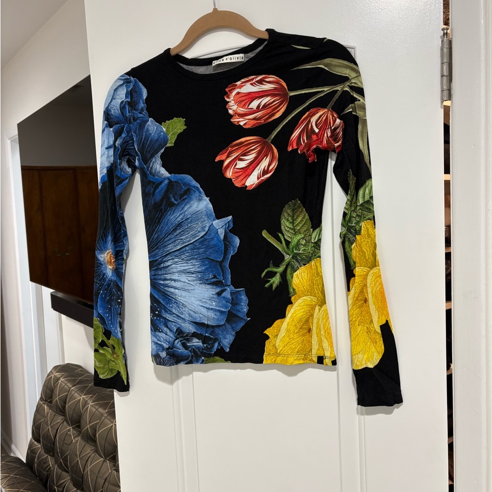 Alice + Olivia Black Jersey Top with Blue and Yellow Floral Print - Picture 2 of 2
